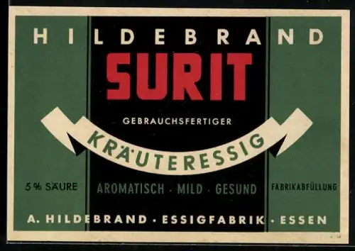 Getränkeetikett A. Hildebrand, Essigfabrik Essen, Hildebrand Surit Kräuteressig