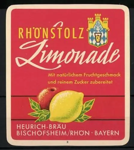 Getränkeetikett Heurich-Bräu, Bischofsheim /Rhön, Rhönstolz Limonade