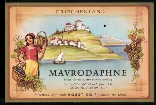 Getränkeetikett Mavrodaphne, Griechenland, griechische Winzerin, Burg auf einem Vorgebirge