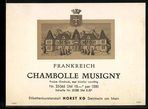 Getränkeetikett Chambolle Musigny, Frankreich, Wein, Anwesen mit Gartenanlage