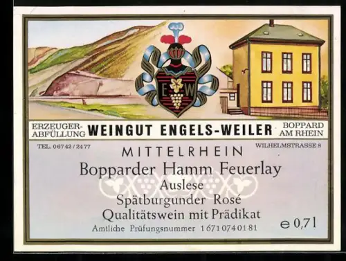 Getränkeetikett Bopparder Hamm Feuerlay, Engels-Weiler, Boppard am Rhein, Spätburgunder Wein, Wappen und Anwesen