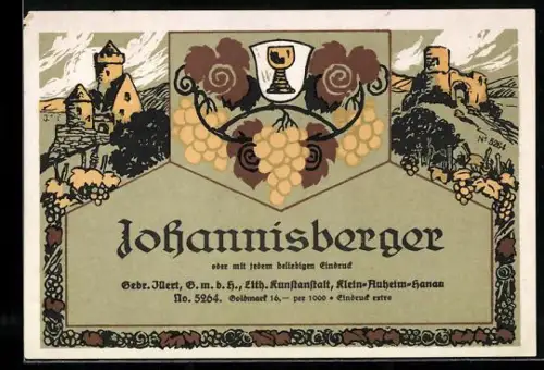 Getränkeetikett Gebrüder Illert, Hanau, Johannisberger Wein, Landschaft mit Burgruine
