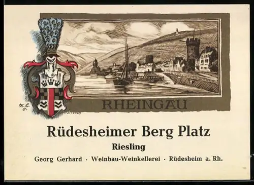 Getränkeetikett Rüdesheimer Berg Platz, Georg Gerhard, Rüdesheim a. Rh., Riesling Wein