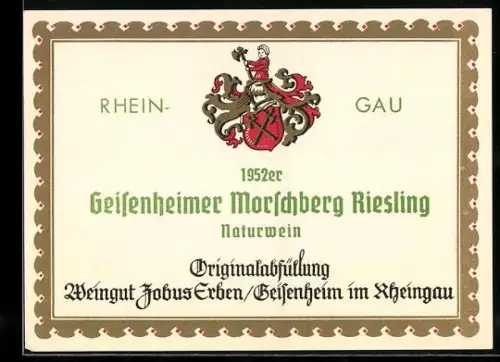 Getränkeetikett Jobus Erben, Geisenheim im Rheingau, Geisenheimer Morschberg Riesling, Naturwein