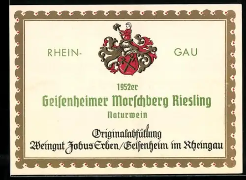Getränkeetikett Jobus Erben, Geisenheim im Rheingau, Geisenheimer Morschberg Riesling, Naturwein