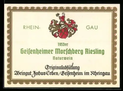 Getränkeetikett Jobus Erben, Geisenheim im Rheingau, Geisenheimer Morschberg Riesling, Naturwein