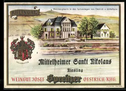 Getränkeetikett Weingut Josef Spreitzer, Oestrich /Rhg., Mittelheimer Sankt Nikolaus Riesling, Gut mit Weinberg