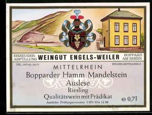 Getränkeetikett Weingut Engels-Weiler, Boppard am Rhein, Bopparder Hamm Mandelstein Riesling