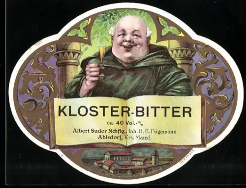 Getränkeetikett Albert Suder, Ahlsdorf /Mansf., Kloster-Bitter, Mönch mit Kräuterlikör