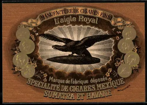 Sammelbild L`aigle royal, manufacture de cigares fins, mexikanische Zigarren, Adler mit Zigarre