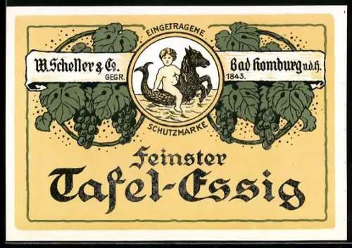 Getränkeetikett W. Scheller & Co., Bad Homburg v. d. H., Tafel-Essig, Kind reitet auf einem Seepferdchen