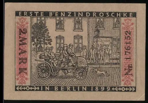 Notgeld Berlin 1922, 2 Mark, erste Benzindroschke in Berlin 1899, Berliner Bär
