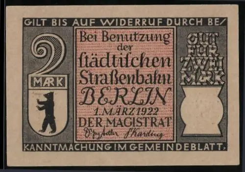 Notgeld Berlin 1922, 2 Mark, Erste Elektrische Strassenbahn in Charlottenburg 1882, Strassenbahn und Berliner Bär