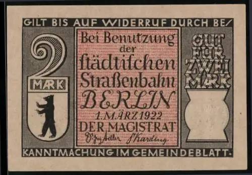 Notgeld Berlin 1922, 2 Mark, Berliner Mietdroschke um 1830 und Berliner Bär