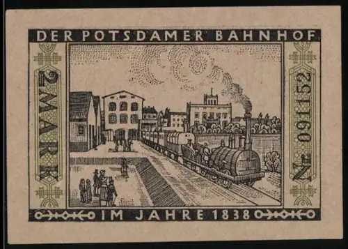 Notgeld Berlin 1922, 2 Mark, Potsdamer Bahnhof 1838 mit Dampflok und Berliner Bär