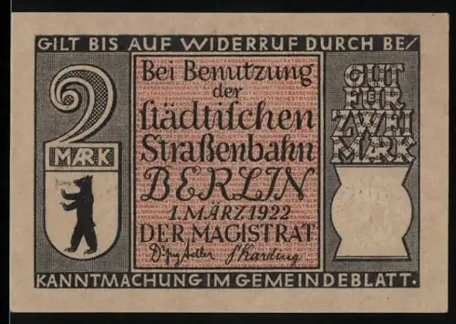 Notgeld Berlin 1922, 2 Mark, Berliner Personenpost von 1861, Berliner Bär und Strassenbahn