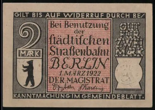 Notgeld Berlin 1922, 2 Mark, Berliner Strassenlokomotive um 1877 und Berliner Bär im Wappen