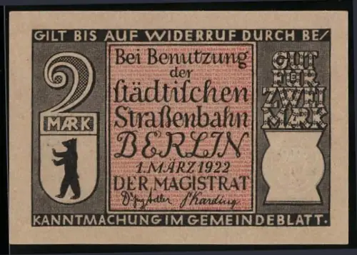 Notgeld Berlin 1922, 2 Mark, Berliner Bär und erste elektrische Eisenbahn 1869