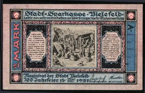 Notgeld Bielefeld 1921, 2 Mark, Heilquelle in Bielefeld am Köttelbrink und Symbole mit Wappen