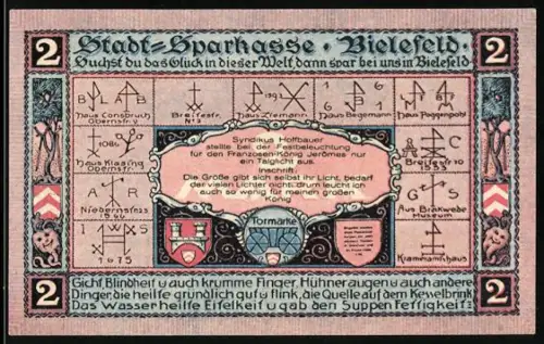 Notgeld Bielefeld 1921, 2 Mark, Heilquelle in Bielefeld am Köttelbrink, 700-Jahrfeier