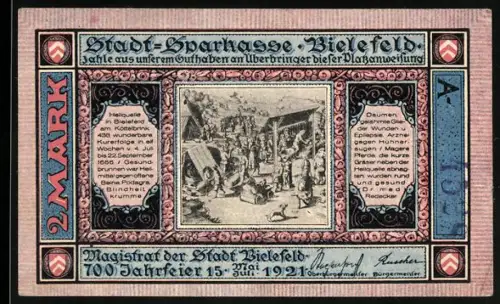 Notgeld Bielefeld 1921, 2 Mark, Heilquelle in Bielefeld am Köttelbrink, 700-Jahrfeier
