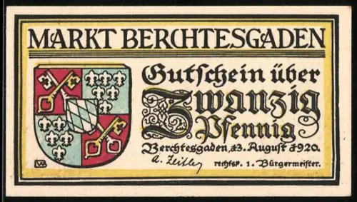 Notgeld Berchtesgaden 1920, 20 Pfennig, Wappen und Gebirgspanorama mit Spruchband