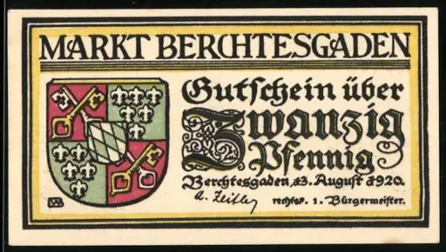 Notgeld Berchtesgaden 1920, 20 Pfennig, Wappen und Berglandschaft mit Blumenornamenten