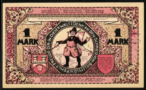 Notgeld Bielefeld 1921, 1 Mark, Fahnenträger, Ortsansicht und Wappen