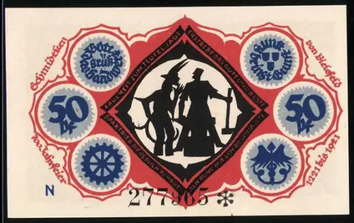 Notgeld Bielefeld 1921, 50 Pfennig, Bergarbeiter und Stadtwappen