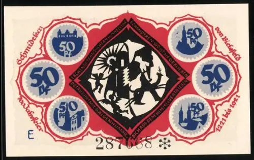 Notgeld Bielefeld 1921, 50 Pfennig, Scherenschnitt-Motiv mit Figuren und Stadtansichten in Kreisen