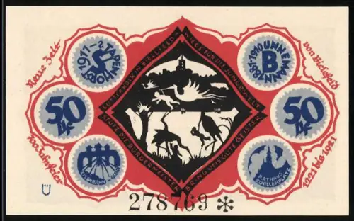 Notgeld Bielefeld 1921, 50 Pfennig, Silhouetten von Hirsch Störchen, Handwerks- und Tiermotive