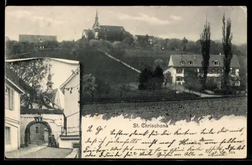 AK St. Chrischona, Panorama mit Kirche und Teilansicht