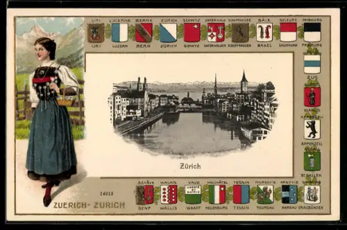 Lithographie Zürich, Blick auf Limmat und Stadt, Passepartout mit Wappen