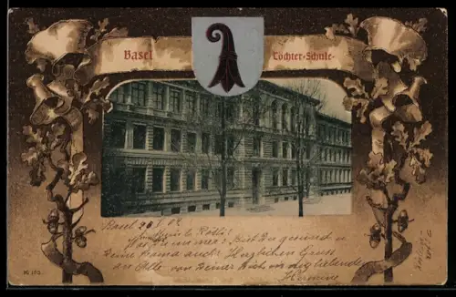 AK Basel, Töchter-Schule im Passepartout mit Wappen