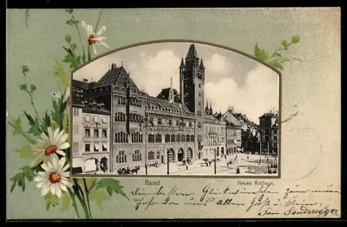 AK Basel, Neues Rathhaus im Blumen-Passepartout