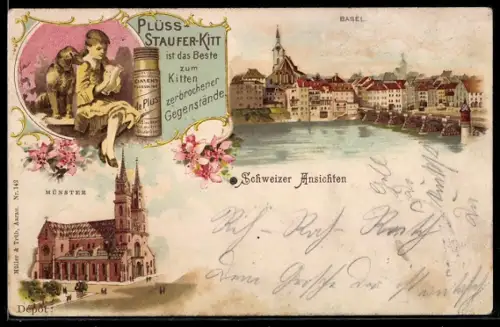Lithographie Basel, Panorama, Münster, Reklame für Plüss-Staufer-Kitt