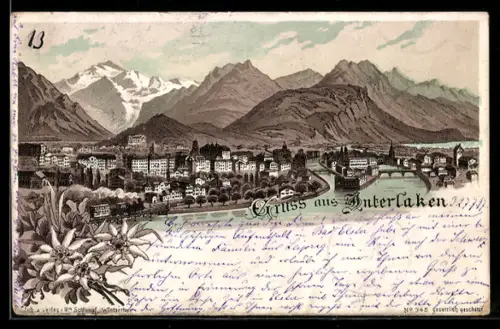 Lithographie Interlaken, Panorama mit Brücke und Bergkulisse