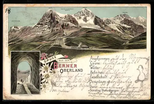 Lithographie Kleine Scheidegg, Panorama mit Eiger, Mönch und Jungfrau