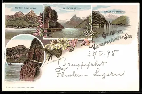 Lithographie Flüelen /Vierwaldstättersee, La Chapelle de Tell, Brunnen et les Mythen, Axenstrasse
