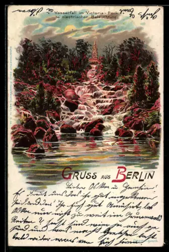 Lithographie Berlin-Kreuzberg, Wasserfall im Victoria-Park b. electr. Beleuchtung