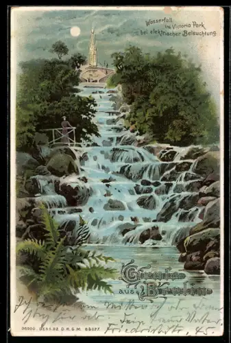 Lithographie Berlin-Kreuzberg, Wasserfall im Victoria-Park, electr. Beleuchtung, Mond