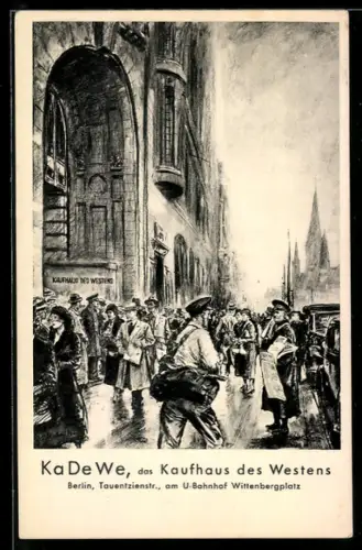 Künstler-AK Berlin-Schöneberg, KaDeWe, Kaufhaus des Westens, Tauentzienstrasse, Eingang, Kirche