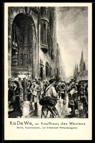 Künstler-AK Berlin-Schöneberg, KaDeWe, Kaufhaus des Westens, Tauentzienstrasse, Eingang, Zeitungsverkäufer