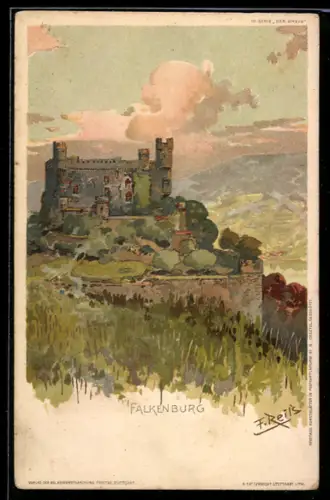 Künstler-AK Fritz Reiss: Trechtingshausen, Burg Reichenstein ( Falkenburg)
