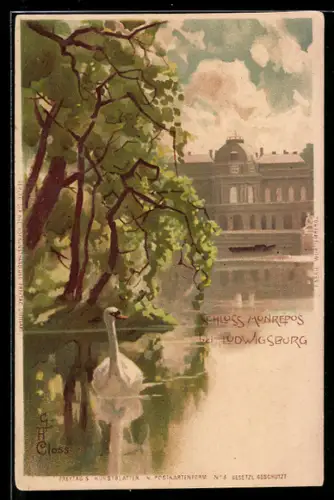 Künstler-Lithographie Ludwigsburg, Schloss Monrepos mit Boot und Schwan