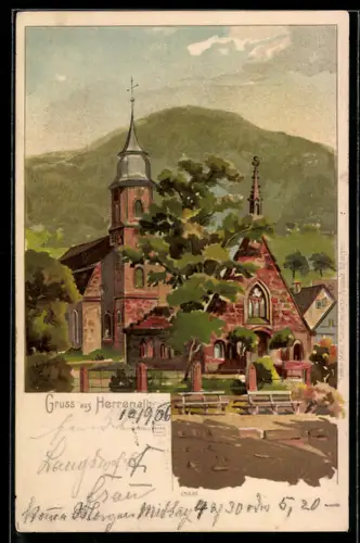 Lithographie Herrenalb, Kirche im Ortskern