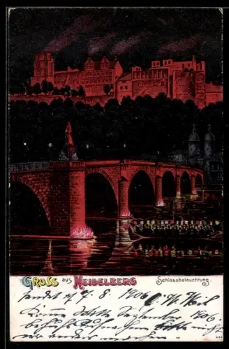 Lithographie Heidelberg, Schloss und Brücke bei Nacht, Schlossbeleuchtung