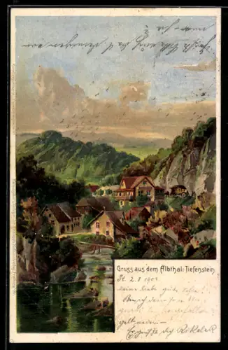 Künstler-AK Tiefenstein /Albtal, Ortsansicht mit Fluss und Felsen