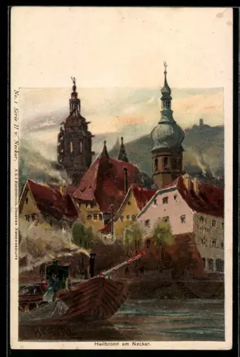 Künstler-AK Heilbronn a. Neckar, Teilansicht mit Türmen am Flussufer