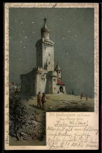 Lithographie Feldberg /Taunus, Feldbergturm und Besucher bei Dämmerung